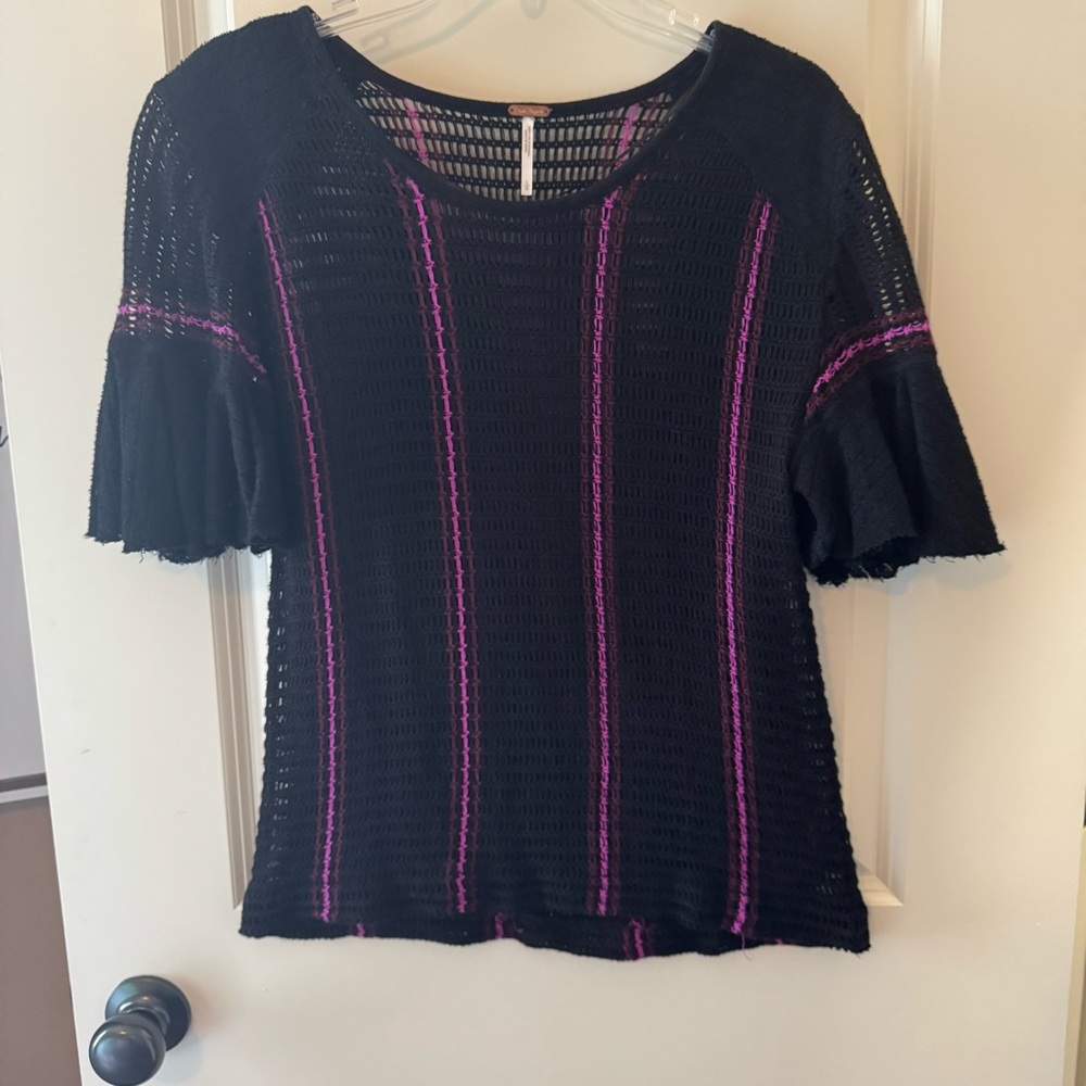 Free People Black Knit Top with Purple Stripes